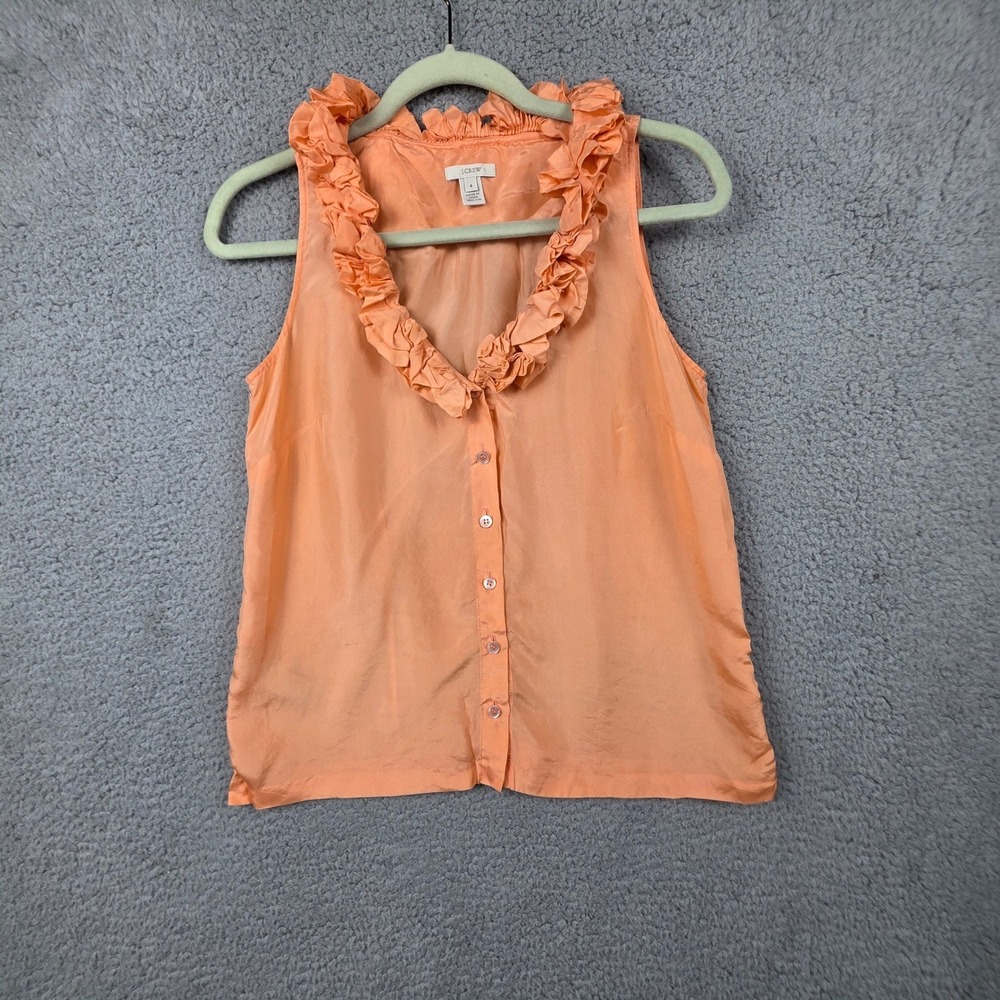 J.Crew Tank Top Womens Size 4 Orange 100% Silk Ruffle Neck Button Down 19938